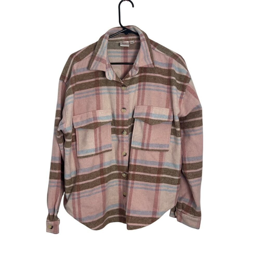 Barbie Plaid Flannel Shacket Women’s Large Pink Brown Retro Logo